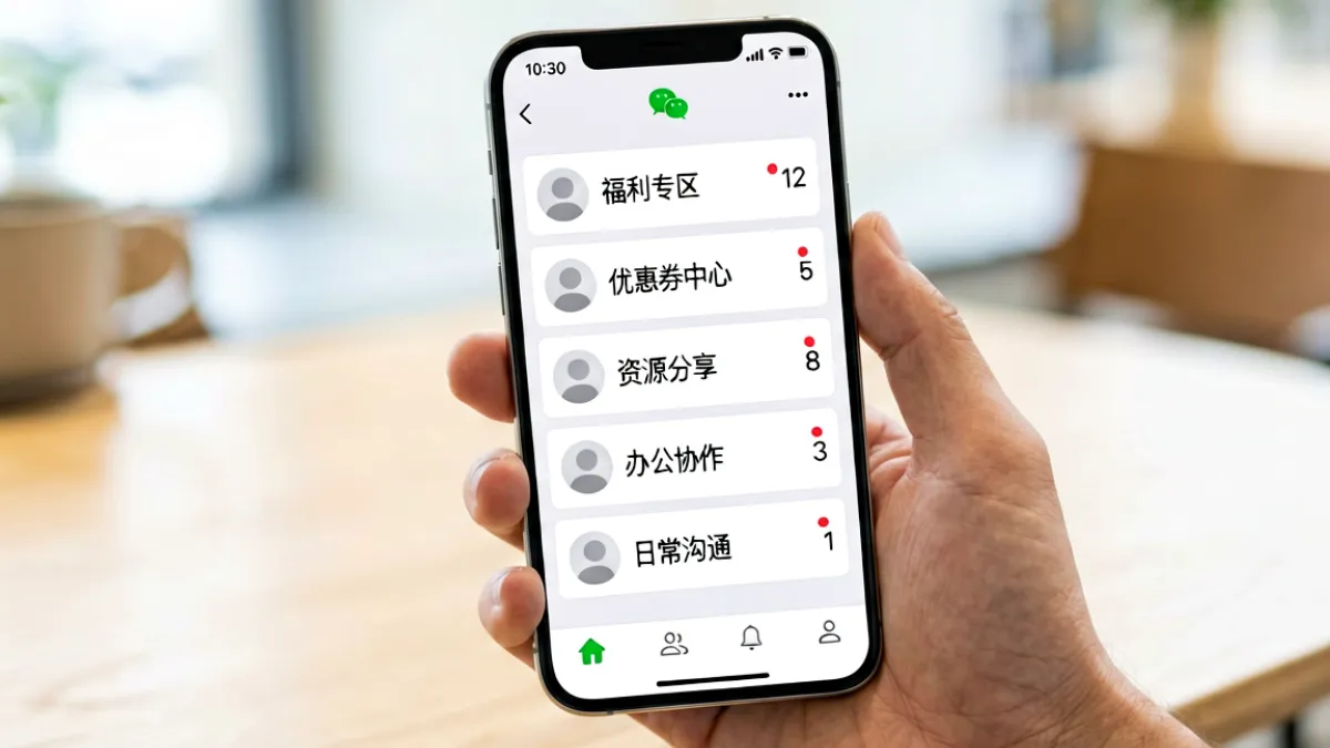 新手用手机浏览老司机福利渠道，屏幕上显示多个福利群组聊天频道的消息列表界面