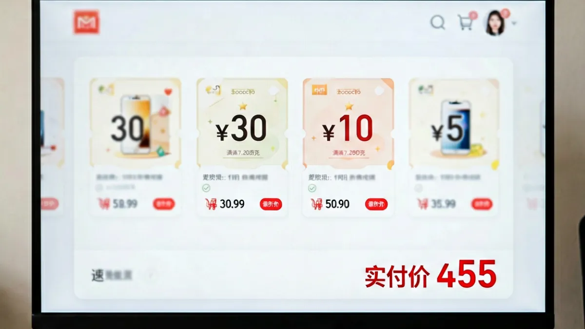 老司机福利实战场景：电脑屏幕上显示多个优惠券叠加使用的购物车结算界面，最终优惠金额醒目标注